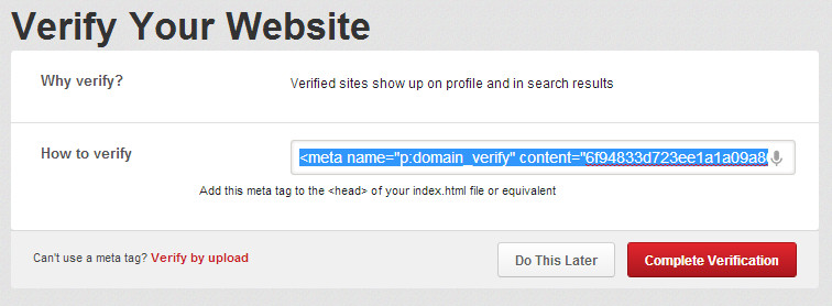 Pinterest Meta Tag Verification